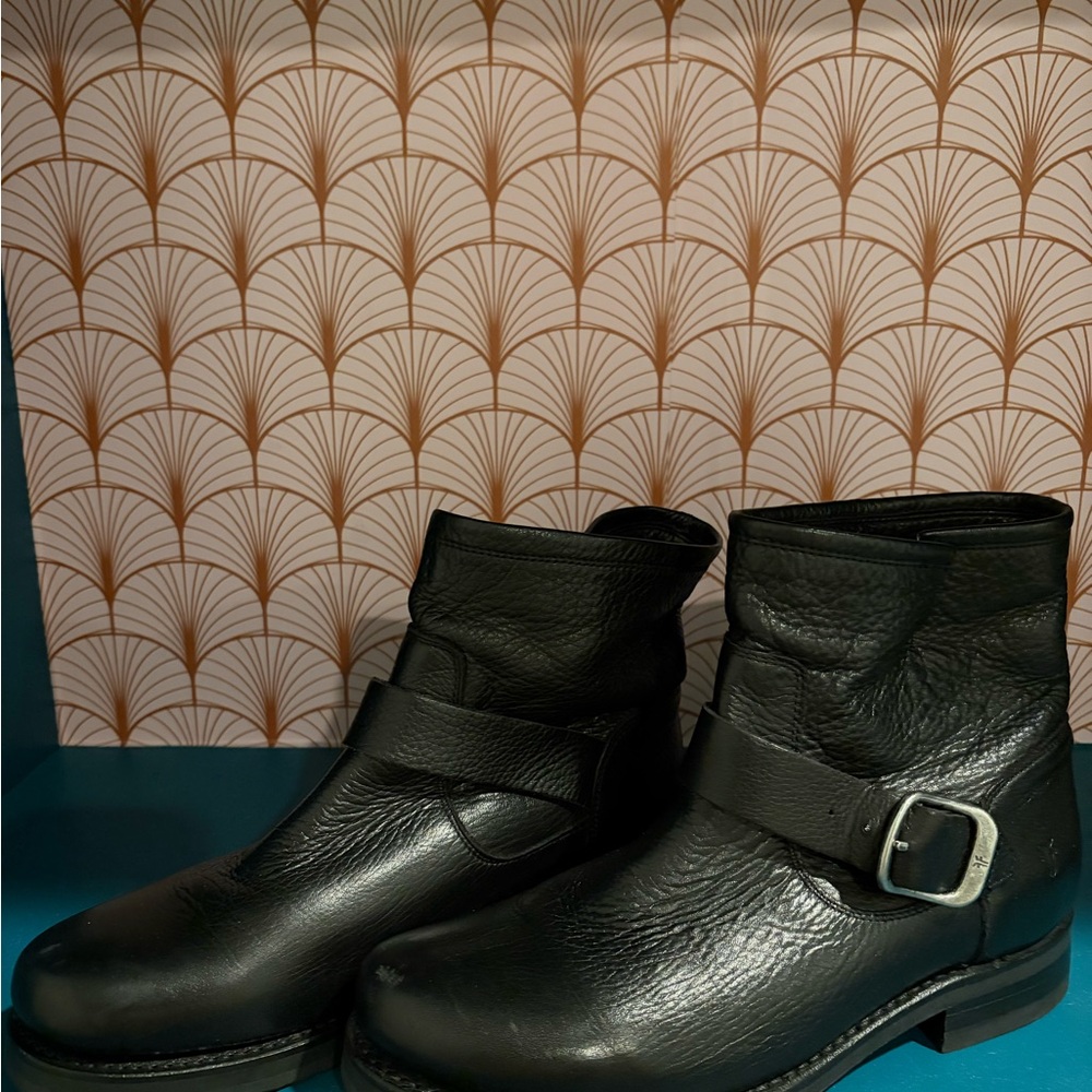 Frye Black Leather Buckle Boots